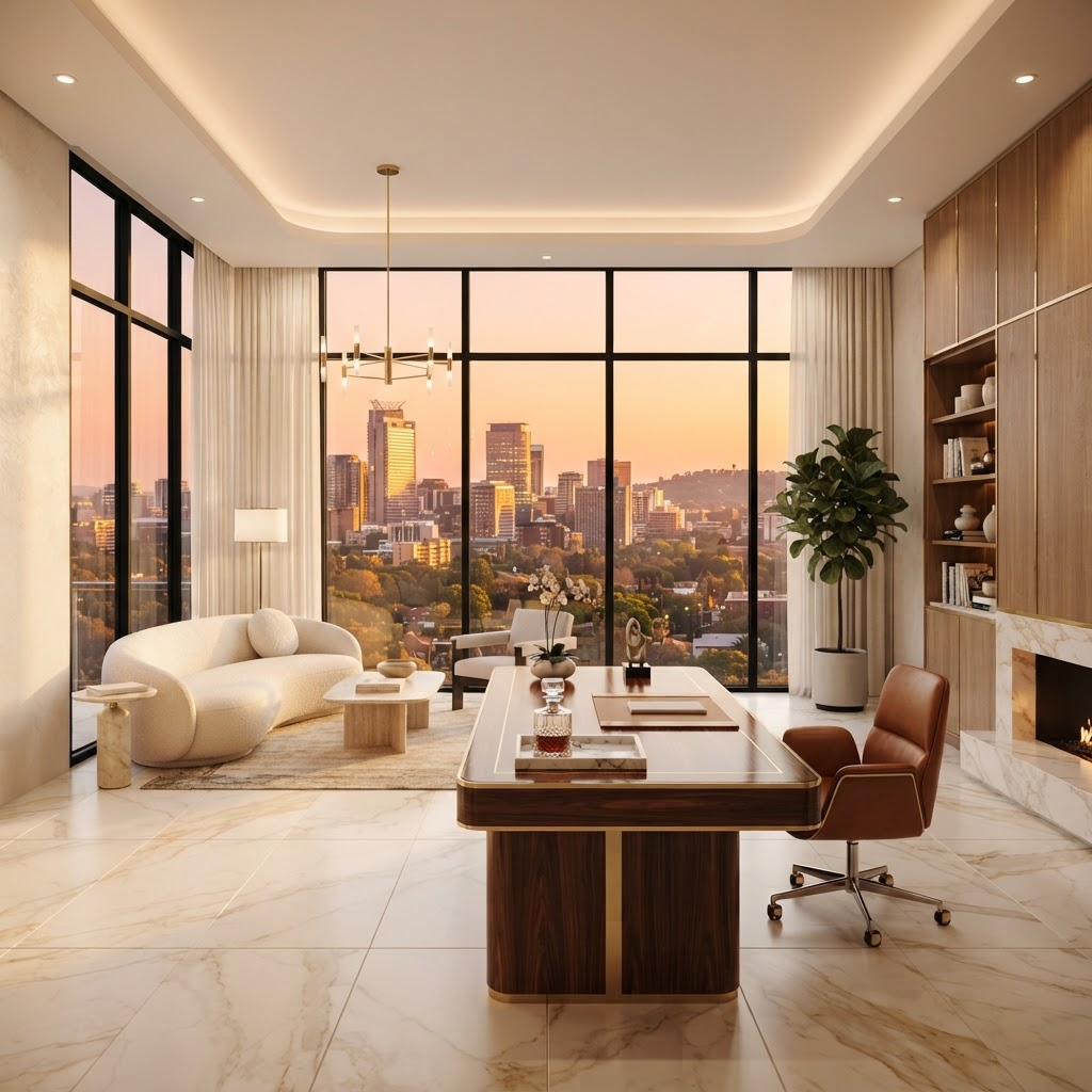 Luxury corporate office overlooking the city at golden hour